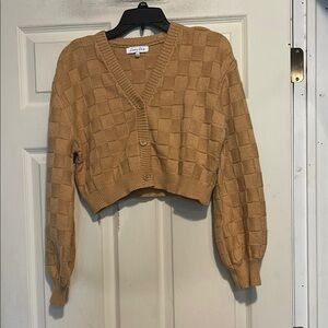 Emory Park Cropped Checkerboard Button Down Sweater Size Medium Camel Beige